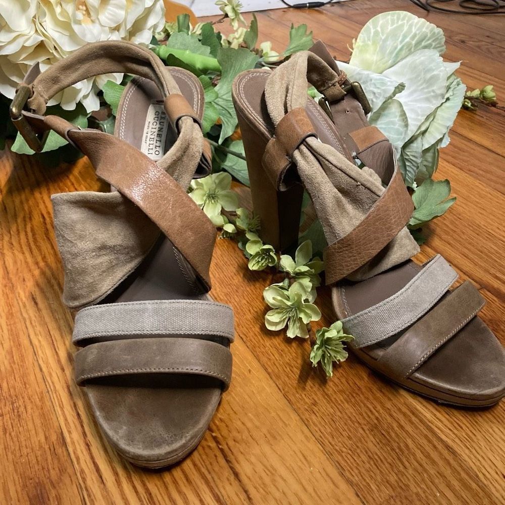 Brunello Cucinelli Tan and Taupe Suede Leather High Heel Sandals